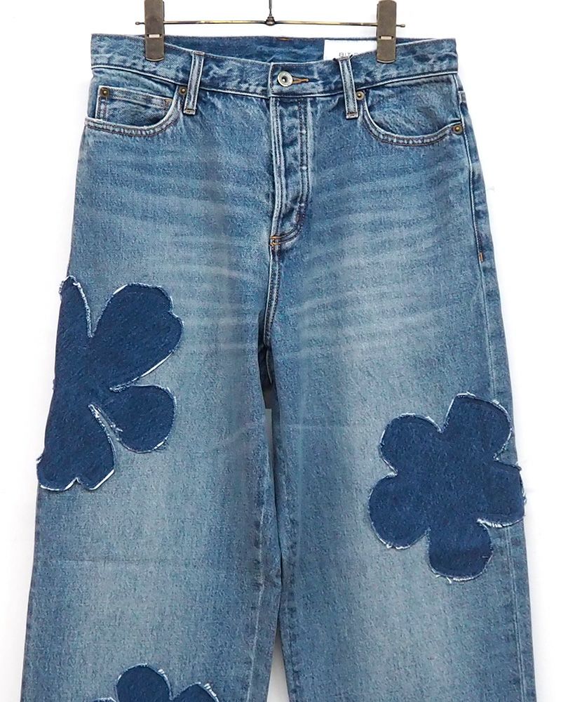 BIT BLUE ビットブルー フラワーパッチワークデニム ユニセックス デニムパンツ 花柄パッチ ストレートデニム ブルー ブラック ボトムス レディース メンズ 個性的デザイン
