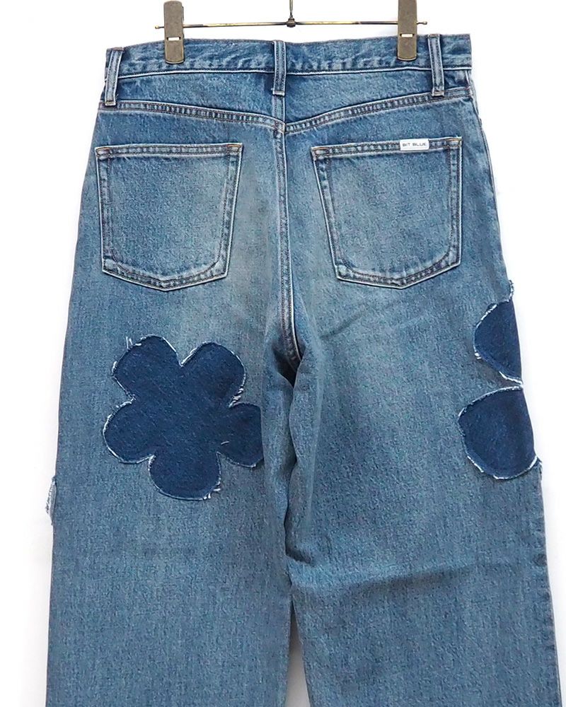 BIT BLUE ビットブルー フラワーパッチワークデニム ユニセックス デニムパンツ 花柄パッチ ストレートデニム ブルー ブラック ボトムス レディース メンズ 個性的デザイン