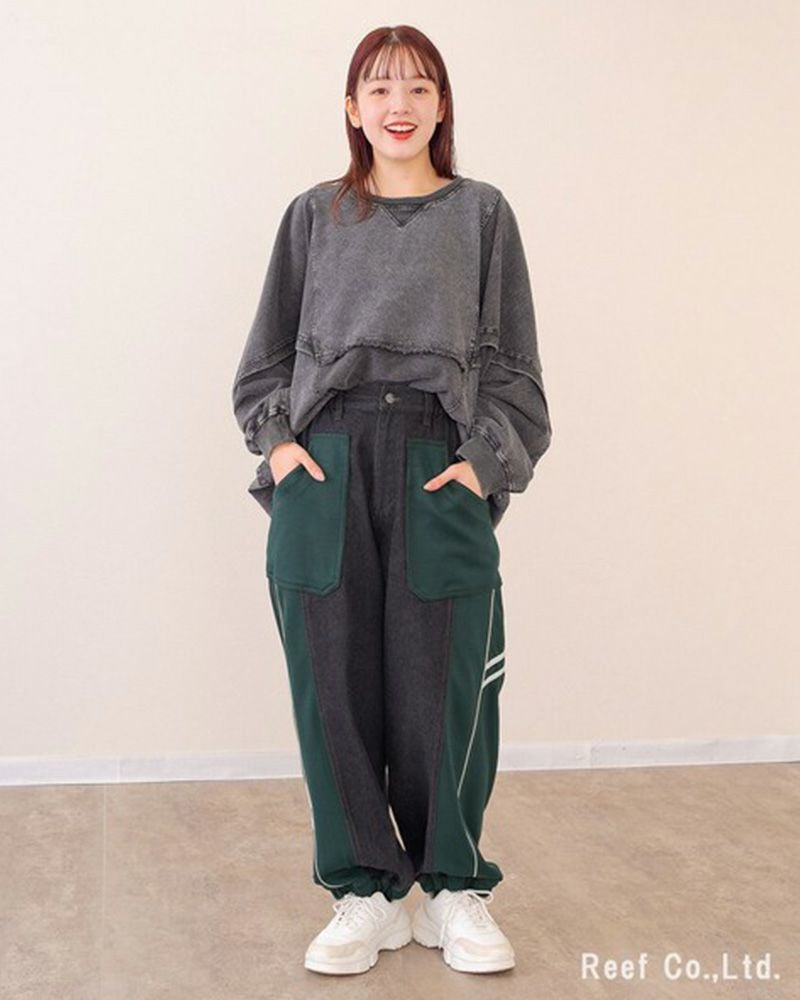 ミリロピュール ジャージMIXパイピングテープデニムパンツ バルーンシルエット ジョガー デニム レディース