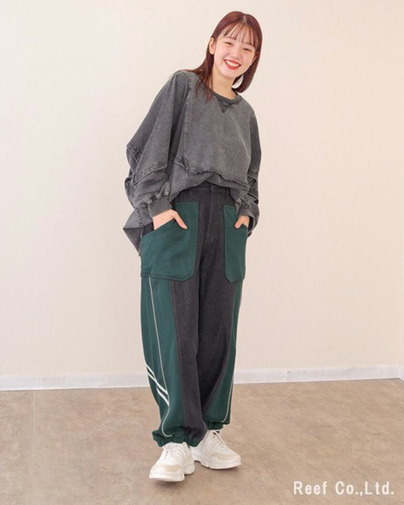 ミリロピュール ジャージMIXパイピングテープデニムパンツ バルーンシルエット ジョガー デニム レディース
