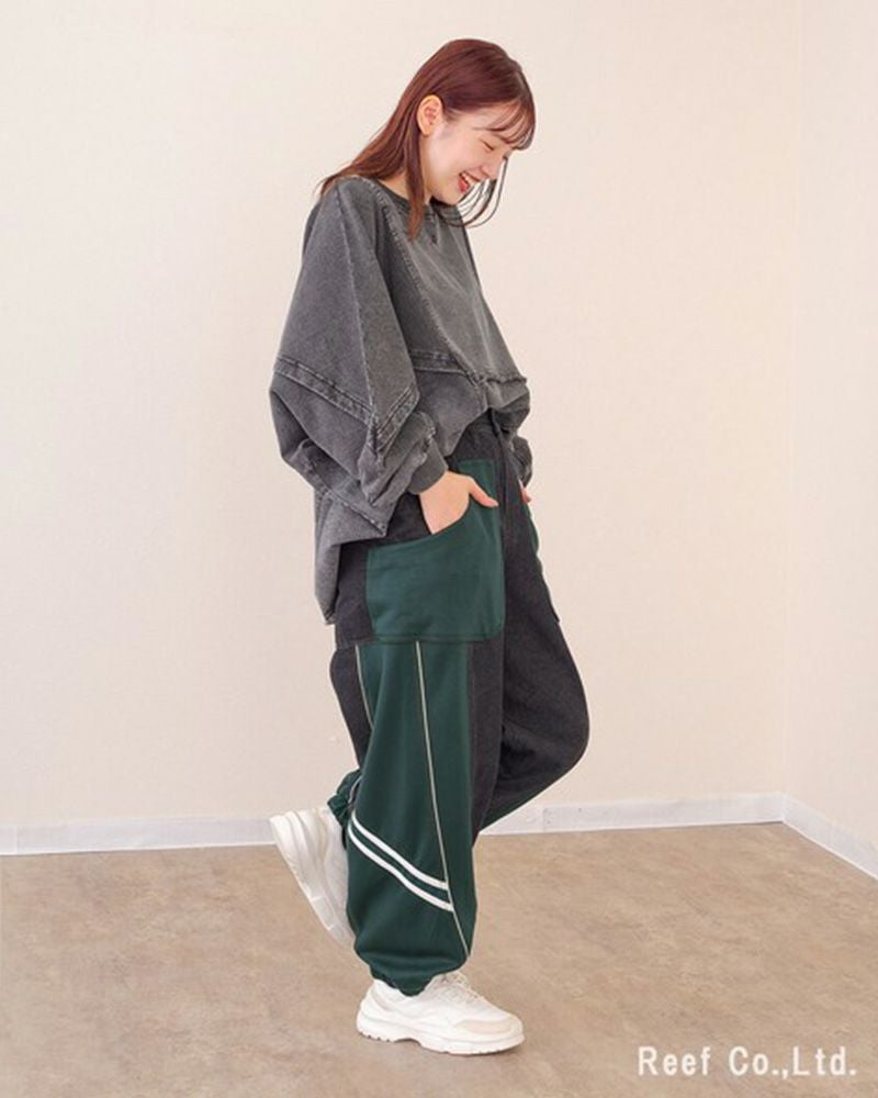 ミリロピュール ジャージMIXパイピングテープデニムパンツ バルーンシルエット ジョガー デニム レディース