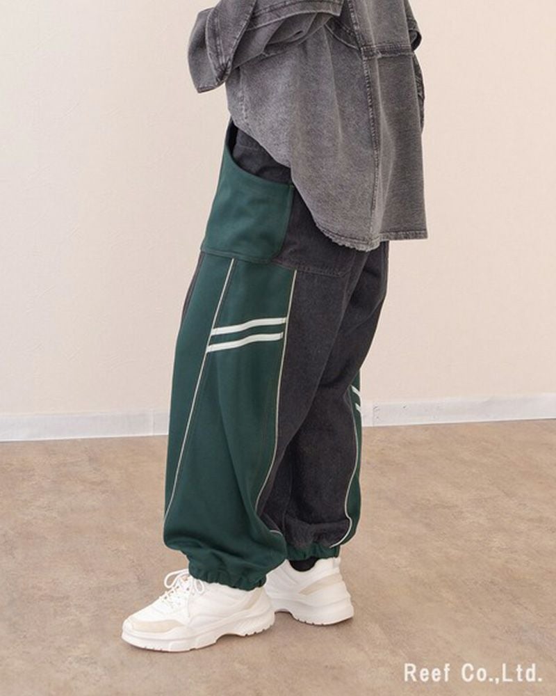 ミリロピュール ジャージMIXパイピングテープデニムパンツ バルーンシルエット ジョガー デニム レディース