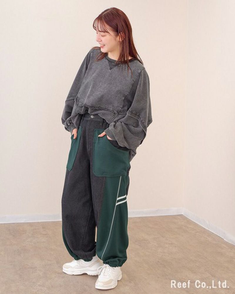 ミリロピュール ジャージMIXパイピングテープデニムパンツ バルーンシルエット ジョガー デニム レディース