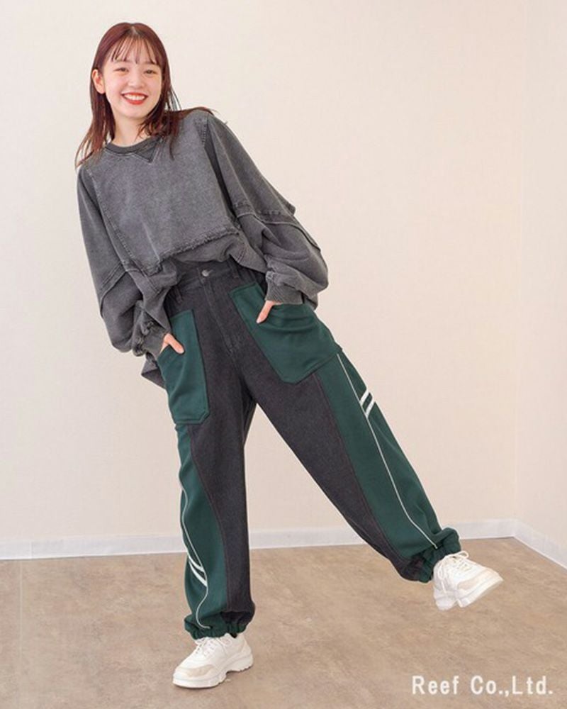 ミリロピュール ジャージMIXパイピングテープデニムパンツ バルーンシルエット ジョガー デニム レディース
