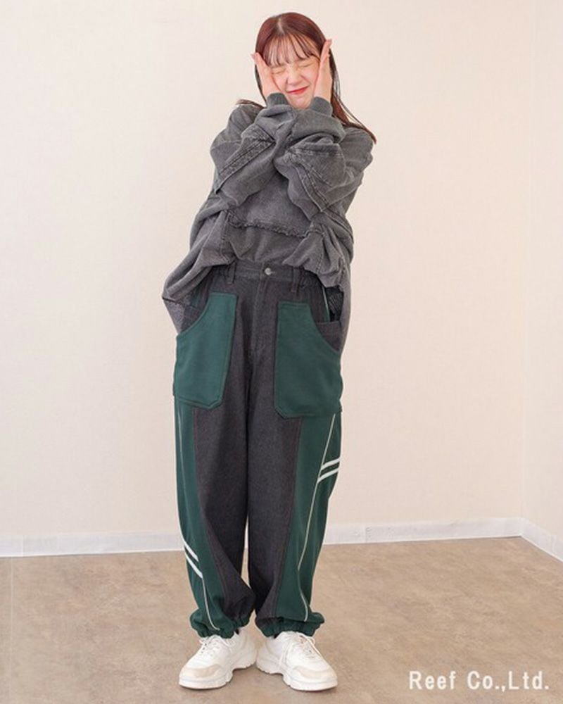 ミリロピュール ジャージMIXパイピングテープデニムパンツ バルーンシルエット ジョガー デニム レディース