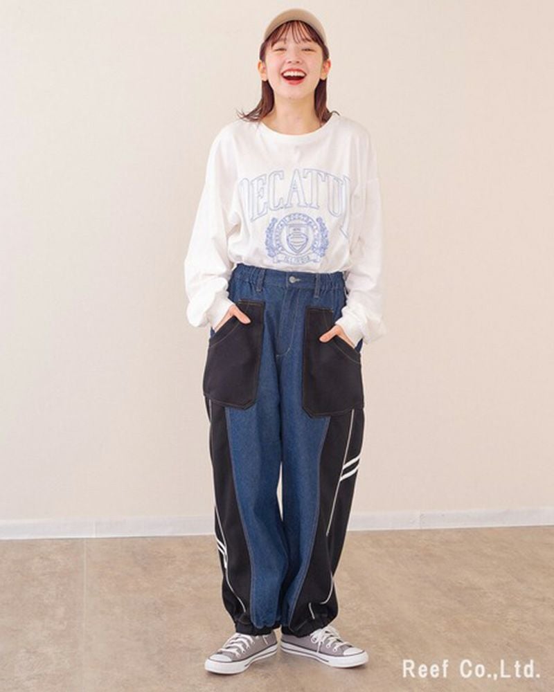 ミリロピュール ジャージMIXパイピングテープデニムパンツ バルーンシルエット ジョガー デニム レディース