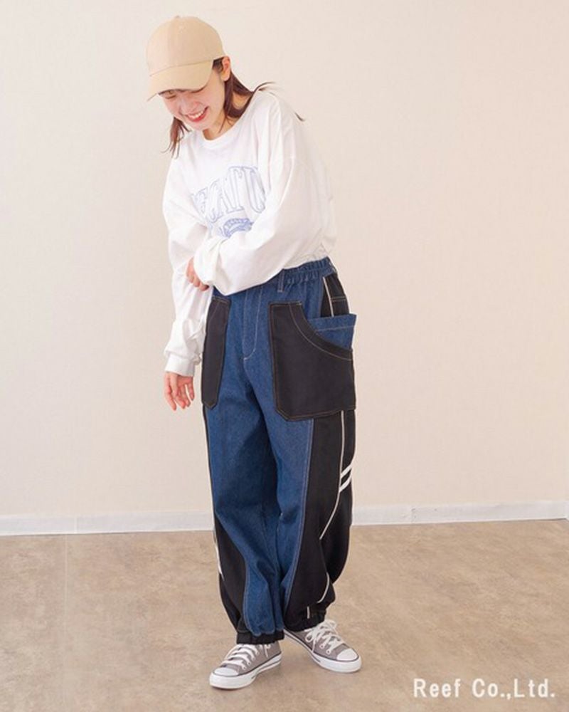 ミリロピュール ジャージMIXパイピングテープデニムパンツ バルーンシルエット ジョガー デニム レディース
