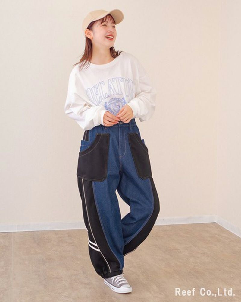 ミリロピュール ジャージMIXパイピングテープデニムパンツ バルーンシルエット ジョガー デニム レディース