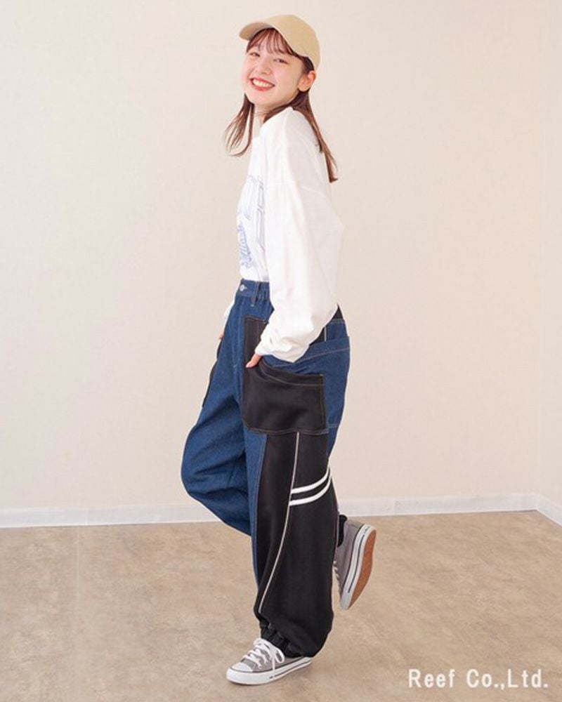 ミリロピュール ジャージMIXパイピングテープデニムパンツ バルーンシルエット ジョガー デニム レディース