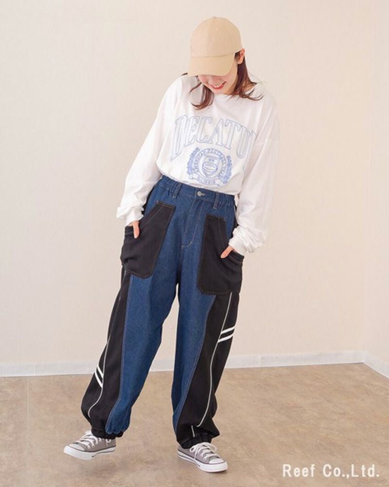 ミリロピュール ジャージMIXパイピングテープデニムパンツ バルーンシルエット ジョガー デニム レディース