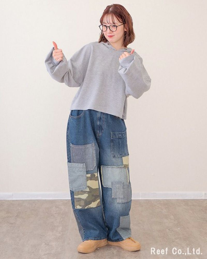 デニム×迷彩柄 パッチワークパンツ ミリロピュール ST-225946 レディース デニム パッチワーク 迷彩 カモフラ ストレート ワイド ゆったり カジュアル