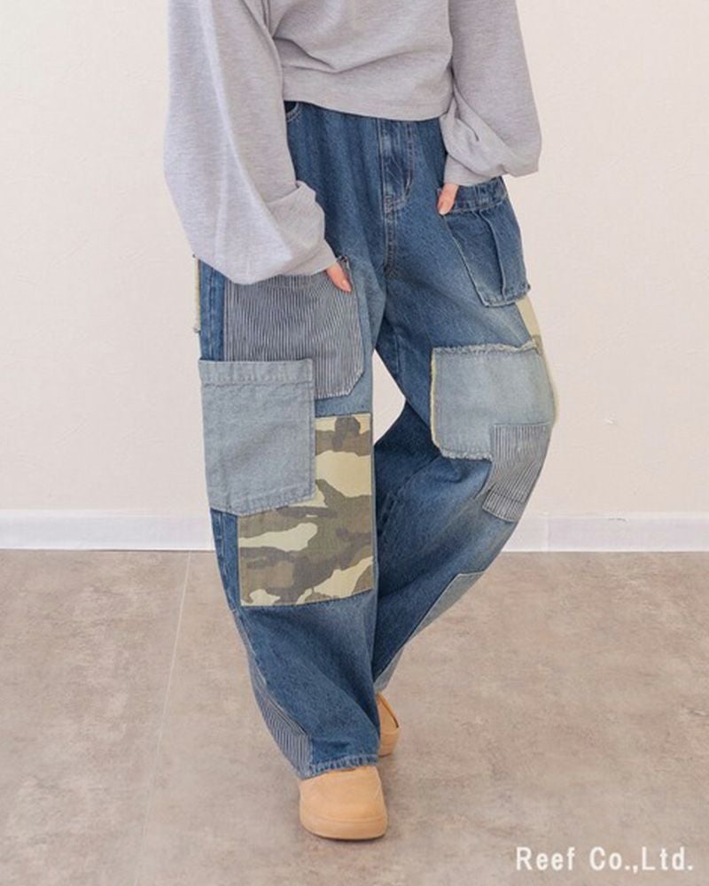 デニム×迷彩柄 パッチワークパンツ ミリロピュール ST-225946 レディース デニム パッチワーク 迷彩 カモフラ ストレート ワイド ゆったり カジュアル