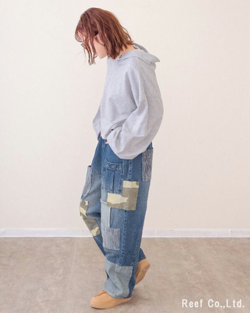 デニム×迷彩柄 パッチワークパンツ ミリロピュール ST-225946 レディース デニム パッチワーク 迷彩 カモフラ ストレート ワイド ゆったり カジュアル