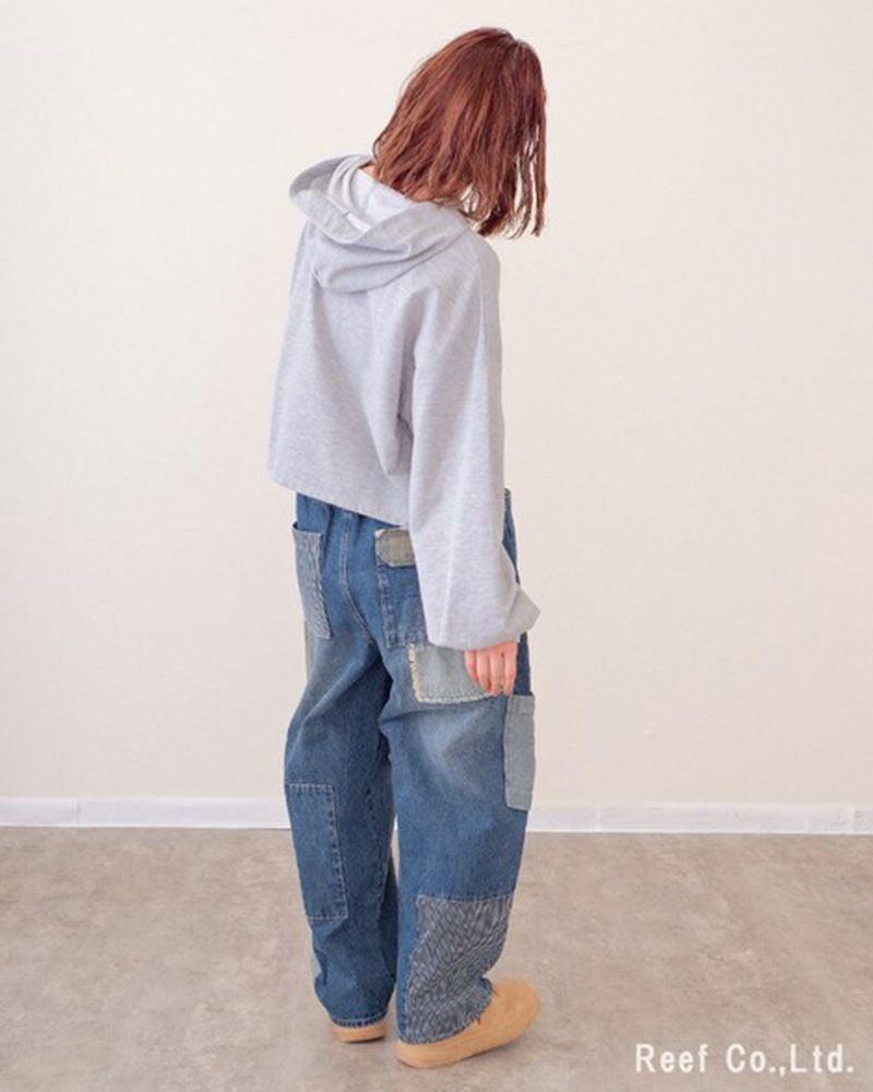 デニム×迷彩柄 パッチワークパンツ ミリロピュール ST-225946 レディース デニム パッチワーク 迷彩 カモフラ ストレート ワイド ゆったり カジュアル