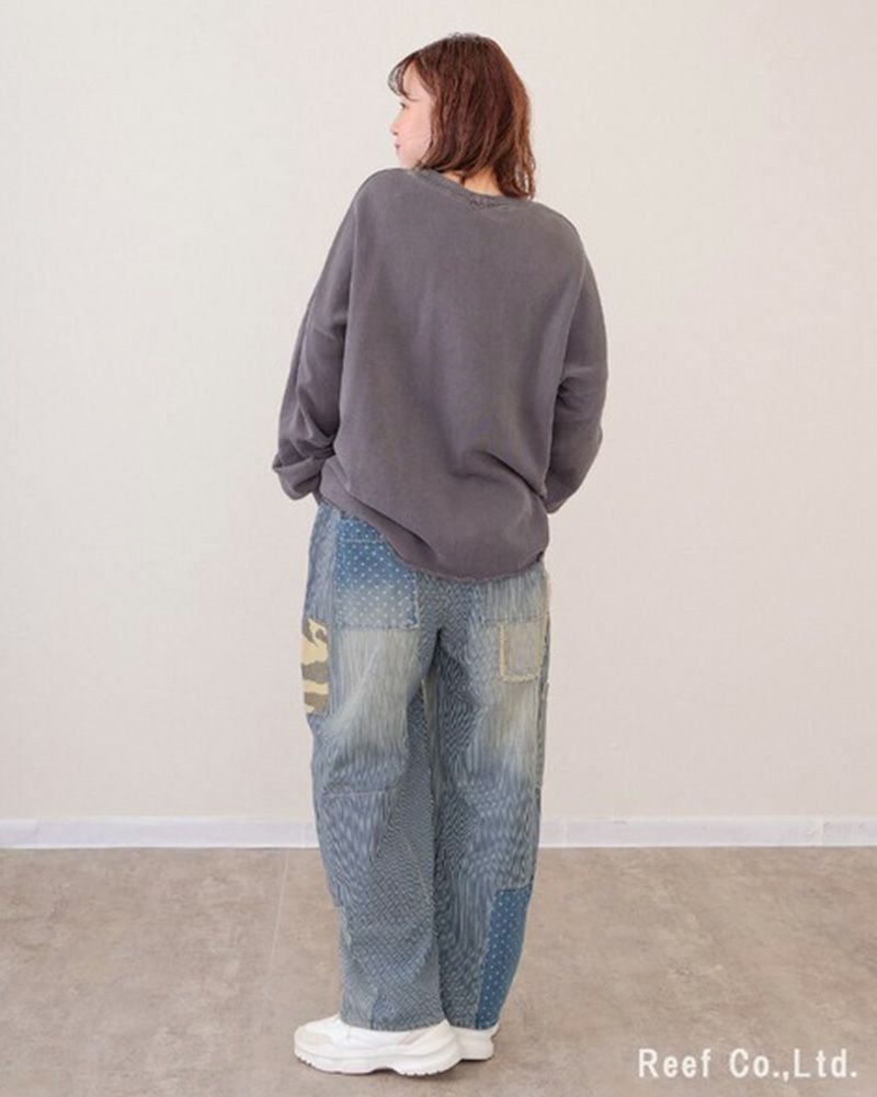 デニム×迷彩柄 パッチワークパンツ ミリロピュール ST-225946 レディース デニム パッチワーク 迷彩 カモフラ ストレート ワイド ゆったり カジュアル