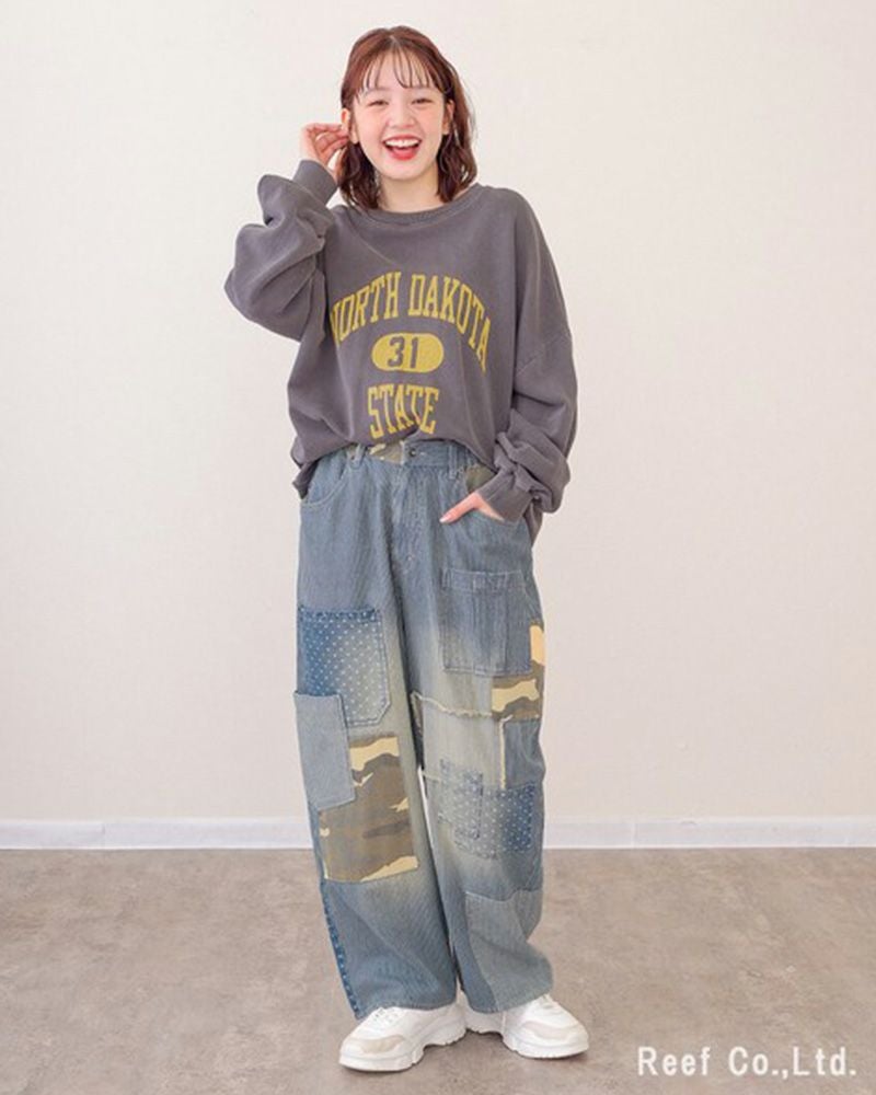 デニム×迷彩柄 パッチワークパンツ ミリロピュール ST-225946 レディース デニム パッチワーク 迷彩 カモフラ ストレート ワイド ゆったり カジュアル