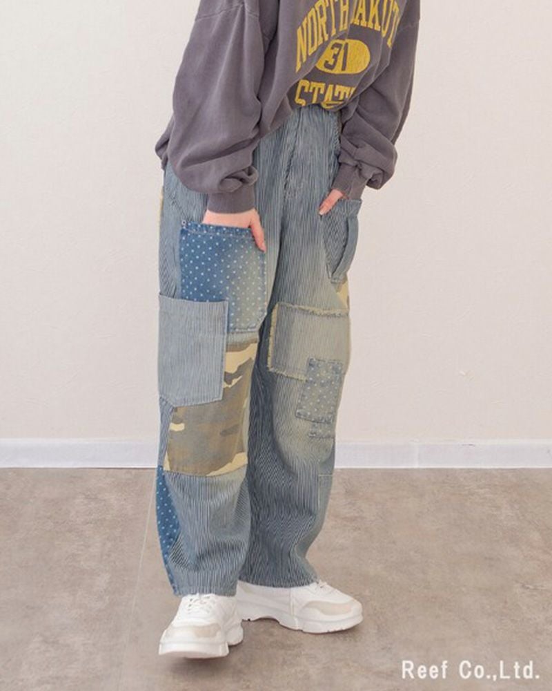 デニム×迷彩柄 パッチワークパンツ ミリロピュール ST-225946 レディース デニム パッチワーク 迷彩 カモフラ ストレート ワイド ゆったり カジュアル
