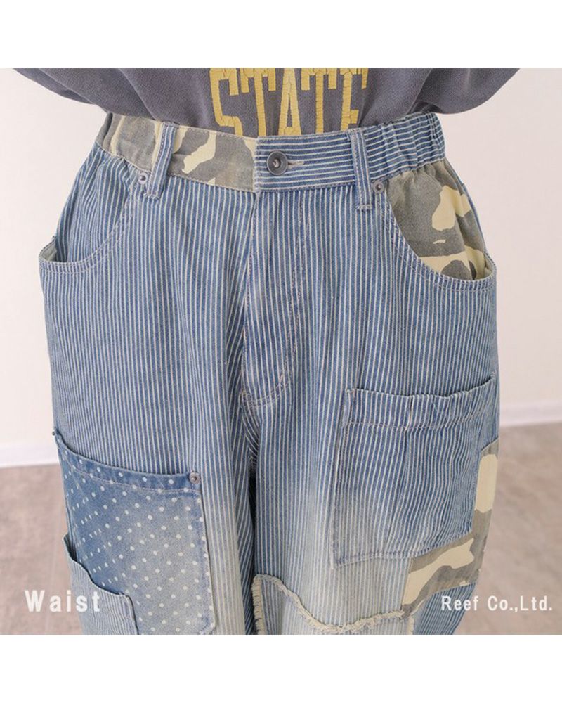 デニム×迷彩柄 パッチワークパンツ ミリロピュール ST-225946 レディース デニム パッチワーク 迷彩 カモフラ ストレート ワイド ゆったり カジュアル