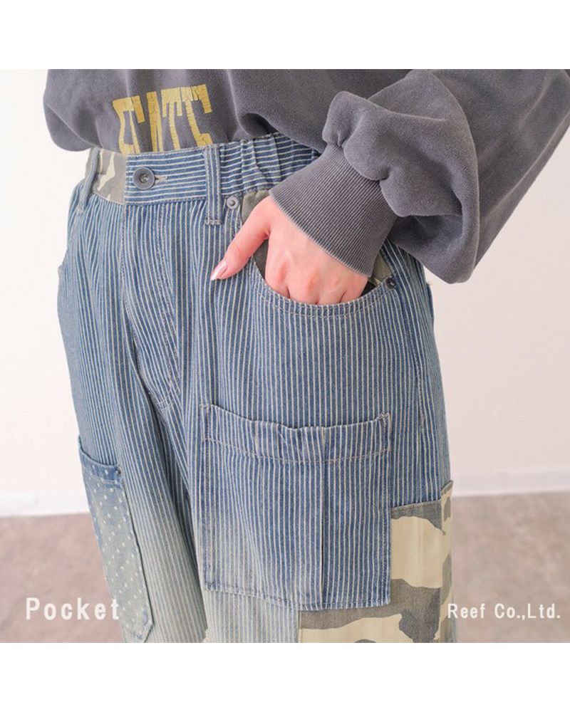 デニム×迷彩柄 パッチワークパンツ ミリロピュール ST-225946 レディース デニム パッチワーク 迷彩 カモフラ ストレート ワイド ゆったり カジュアル