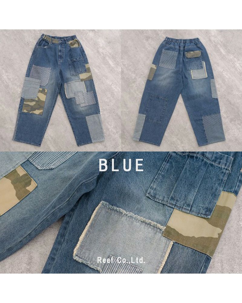 デニム×迷彩柄 パッチワークパンツ ミリロピュール ST-225946 レディース デニム パッチワーク 迷彩 カモフラ ストレート ワイド ゆったり カジュアル