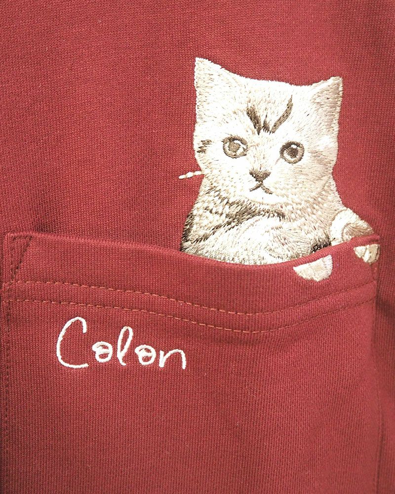 猫刺繍 裏毛 スウェット プルオーバー レディース 大人カジュアル ポケット刺繍 バックシャン トレーナー ナチュラル 秋冬 春