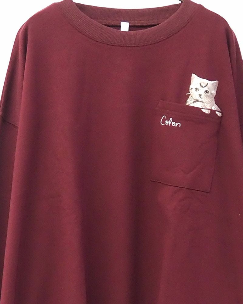 猫刺繍 裏毛 スウェット プルオーバー レディース 大人カジュアル ポケット刺繍 バックシャン トレーナー ナチュラル 秋冬 春