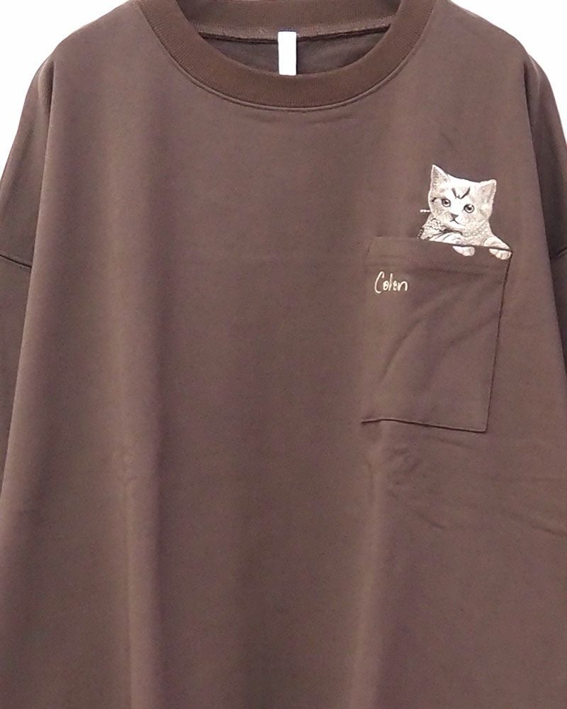 猫刺繍 裏毛 スウェット プルオーバー レディース 大人カジュアル ポケット刺繍 バックシャン トレーナー ナチュラル 秋冬 春