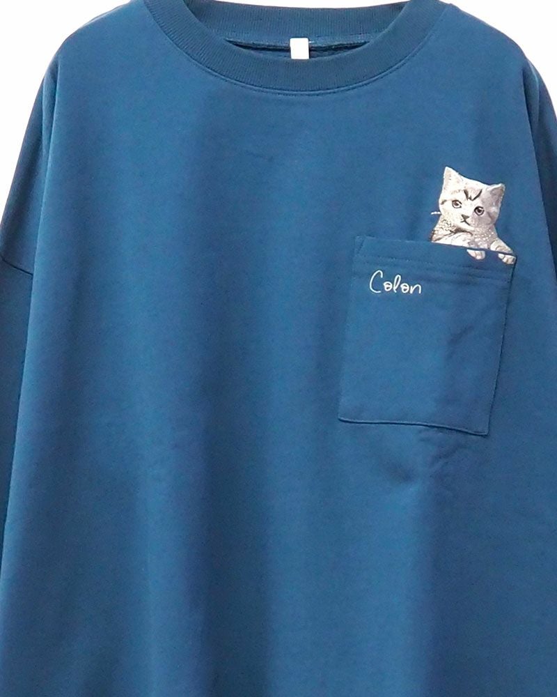 猫刺繍 裏毛 スウェット プルオーバー レディース 大人カジュアル ポケット刺繍 バックシャン トレーナー ナチュラル 秋冬 春