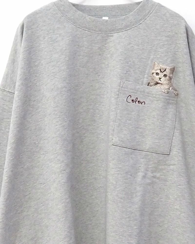 猫刺繍 裏毛 スウェット プルオーバー レディース 大人カジュアル ポケット刺繍 バックシャン トレーナー ナチュラル 秋冬 春