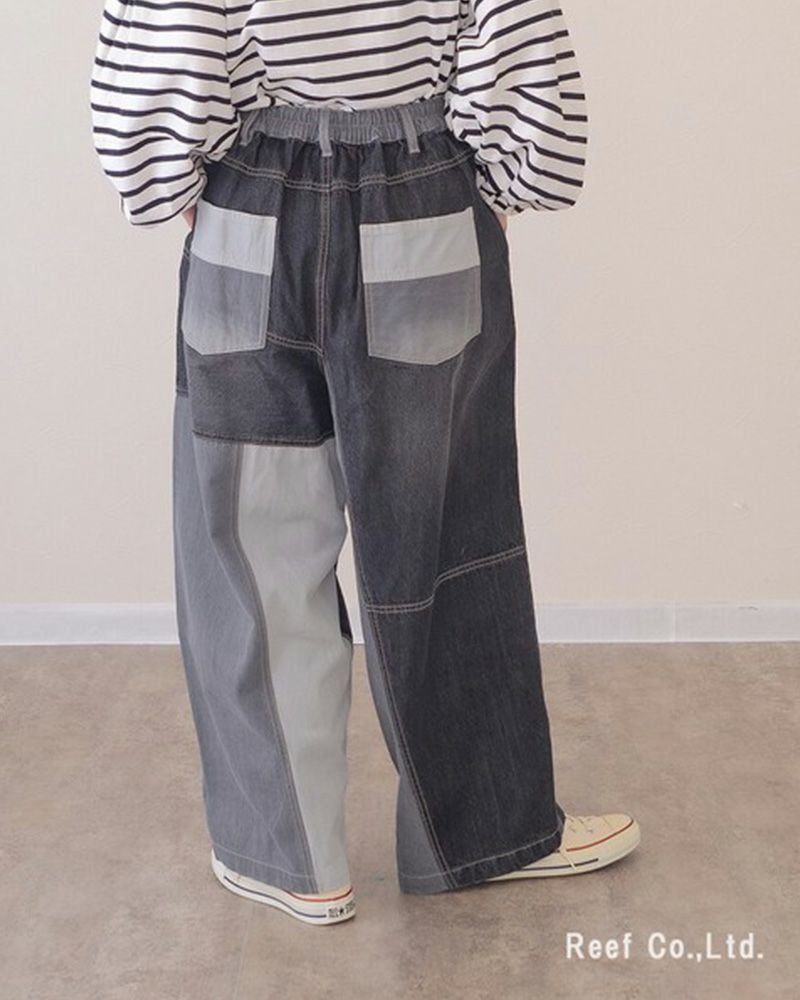 mililopiulu ミリロピュール リビルドパラシュートデニムパンツ パッチワーク パラシュートパンツ デニム ワイド ボリューム ウエストゴム レディース カジュアル