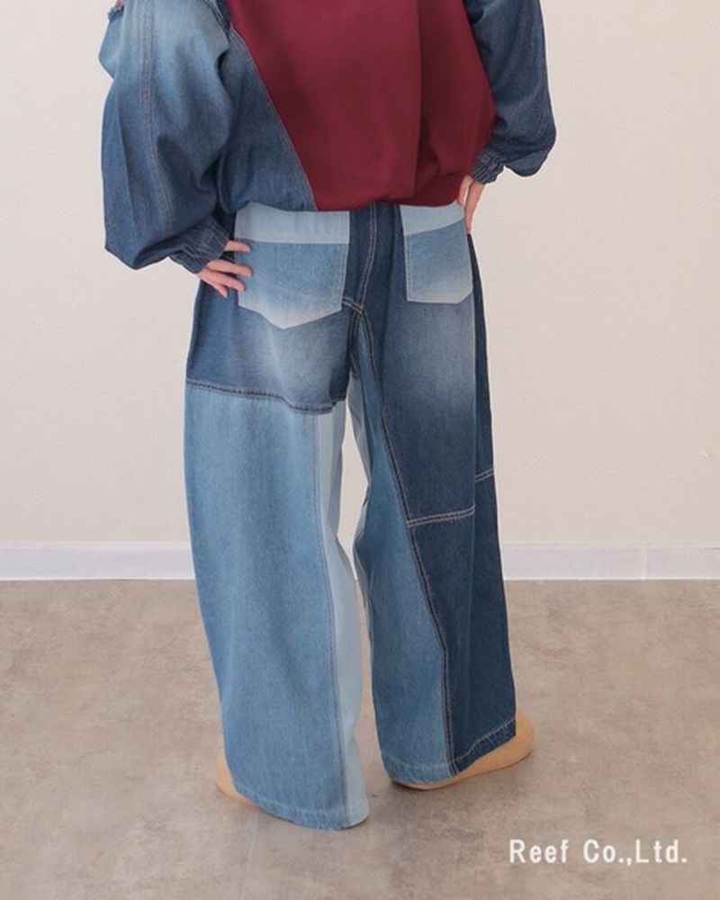 mililopiulu ミリロピュール リビルドパラシュートデニムパンツ パッチワーク パラシュートパンツ デニム ワイド ボリューム ウエストゴム レディース カジュアル