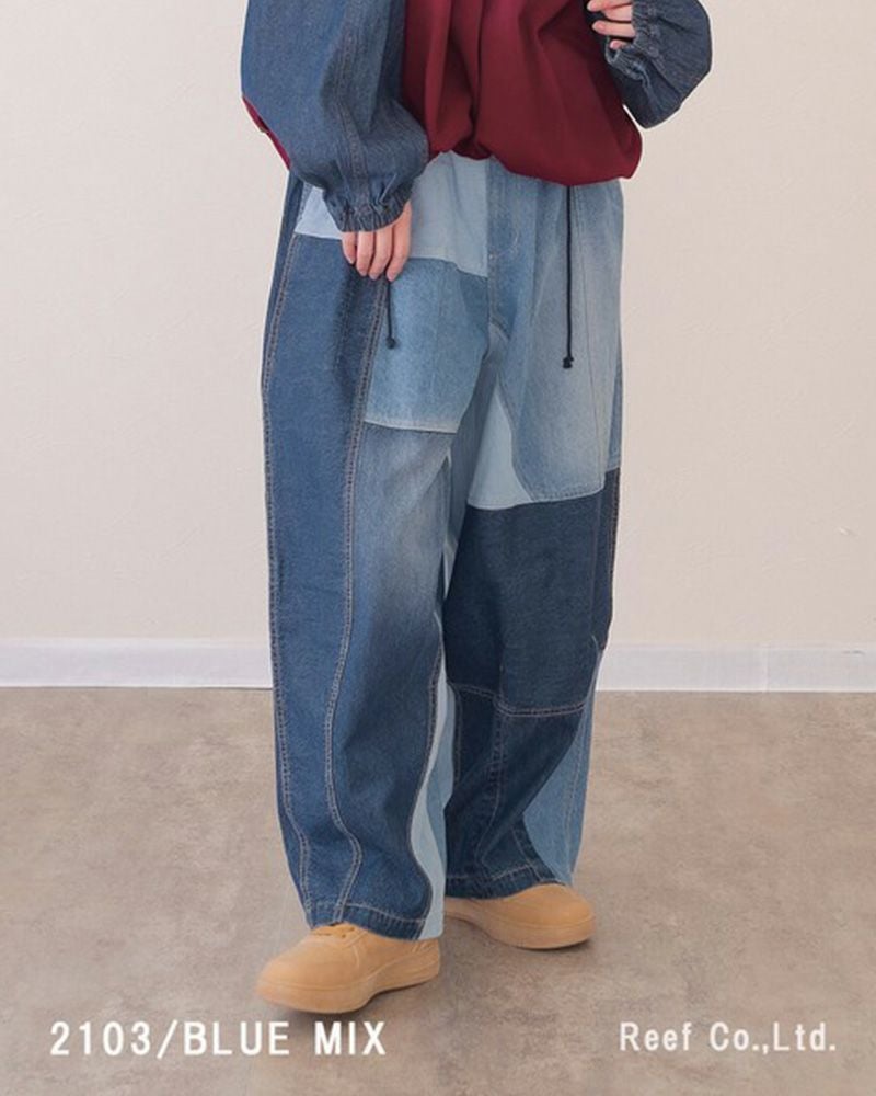 mililopiulu ミリロピュール リビルドパラシュートデニムパンツ パッチワーク パラシュートパンツ デニム ワイド ボリューム ウエストゴム レディース カジュアル