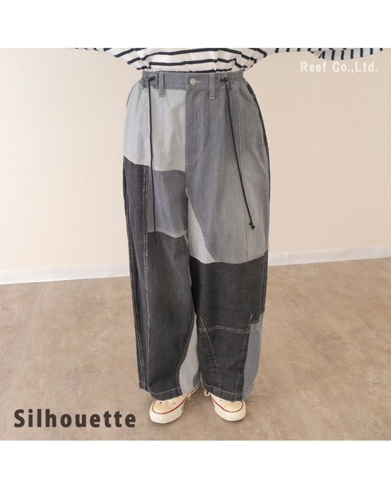 mililopiulu ミリロピュール リビルドパラシュートデニムパンツ パッチワーク パラシュートパンツ デニム ワイド ボリューム ウエストゴム レディース カジュアル