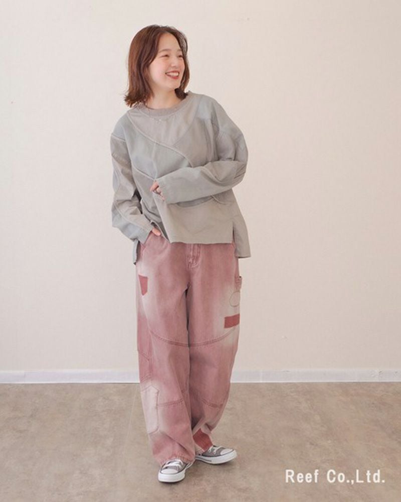 mililopiulu ミリロピュール サンバーンワッペンパンツ カラーデニム USED加工 ケミカル加工 パッチワーク ストレート デニムパンツ レディース