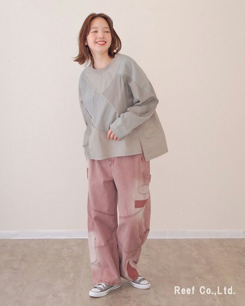 mililopiulu ミリロピュール サンバーンワッペンパンツ カラーデニム USED加工 ケミカル加工 パッチワーク ストレート デニムパンツ レディース
