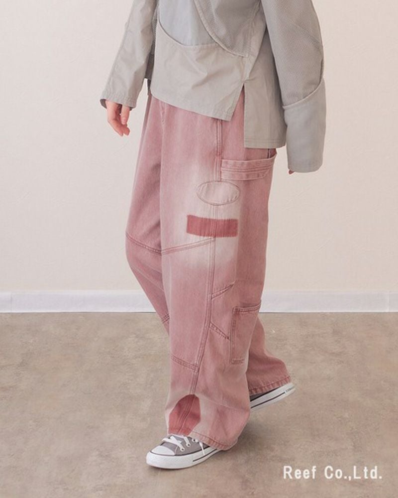 mililopiulu ミリロピュール サンバーンワッペンパンツ カラーデニム USED加工 ケミカル加工 パッチワーク ストレート デニムパンツ レディース