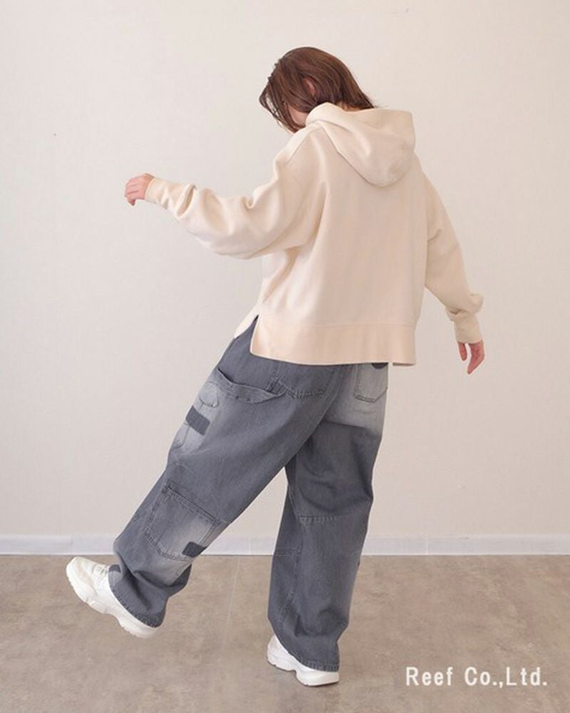 mililopiulu ミリロピュール サンバーンワッペンパンツ カラーデニム USED加工 ケミカル加工 パッチワーク ストレート デニムパンツ レディース