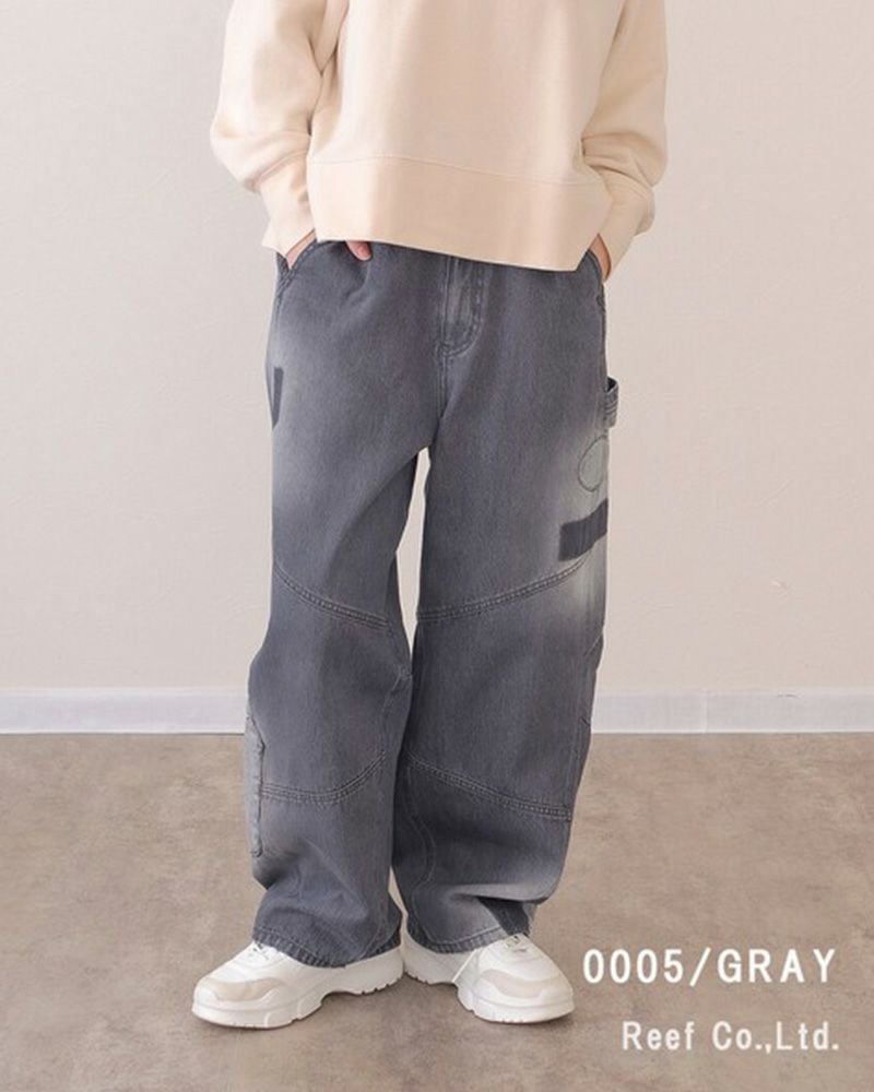 mililopiulu ミリロピュール サンバーンワッペンパンツ カラーデニム USED加工 ケミカル加工 パッチワーク ストレート デニムパンツ レディース