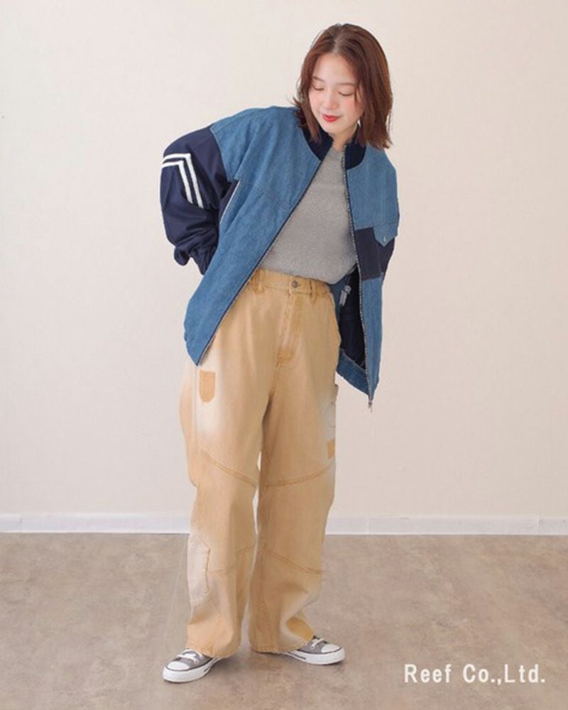 mililopiulu ミリロピュール サンバーンワッペンパンツ カラーデニム USED加工 ケミカル加工 パッチワーク ストレート デニムパンツ レディース
