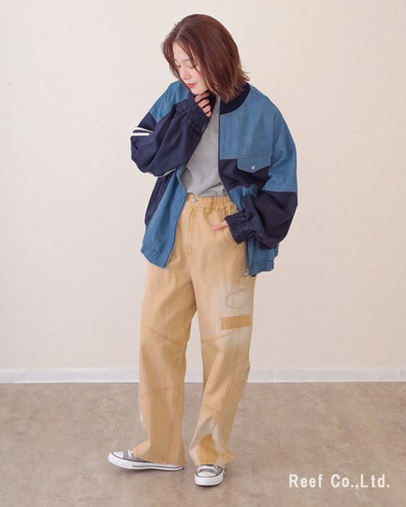 mililopiulu ミリロピュール サンバーンワッペンパンツ カラーデニム USED加工 ケミカル加工 パッチワーク ストレート デニムパンツ レディース