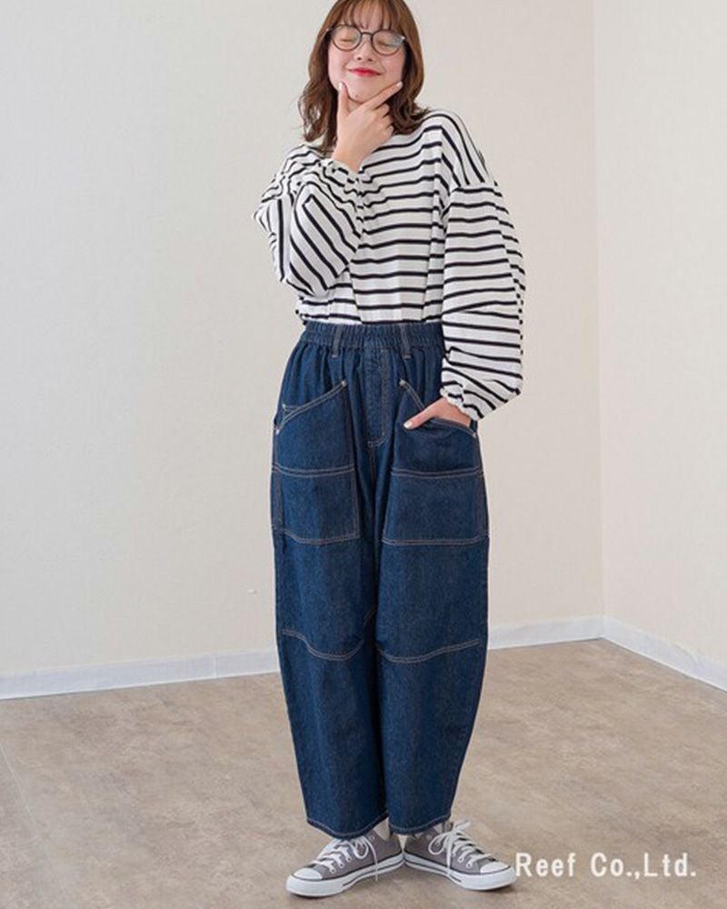 mililopiulu ミリロピュール BIGポケット デニム ボールパンツ レディース ワイド オーバーサイズ カジュアル パンツ