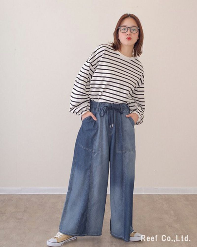 mililopiulu ミリロピュール グラデーションワイドデニムパンツ レディース デニム ワイドパンツ 総ゴム カジュアル
