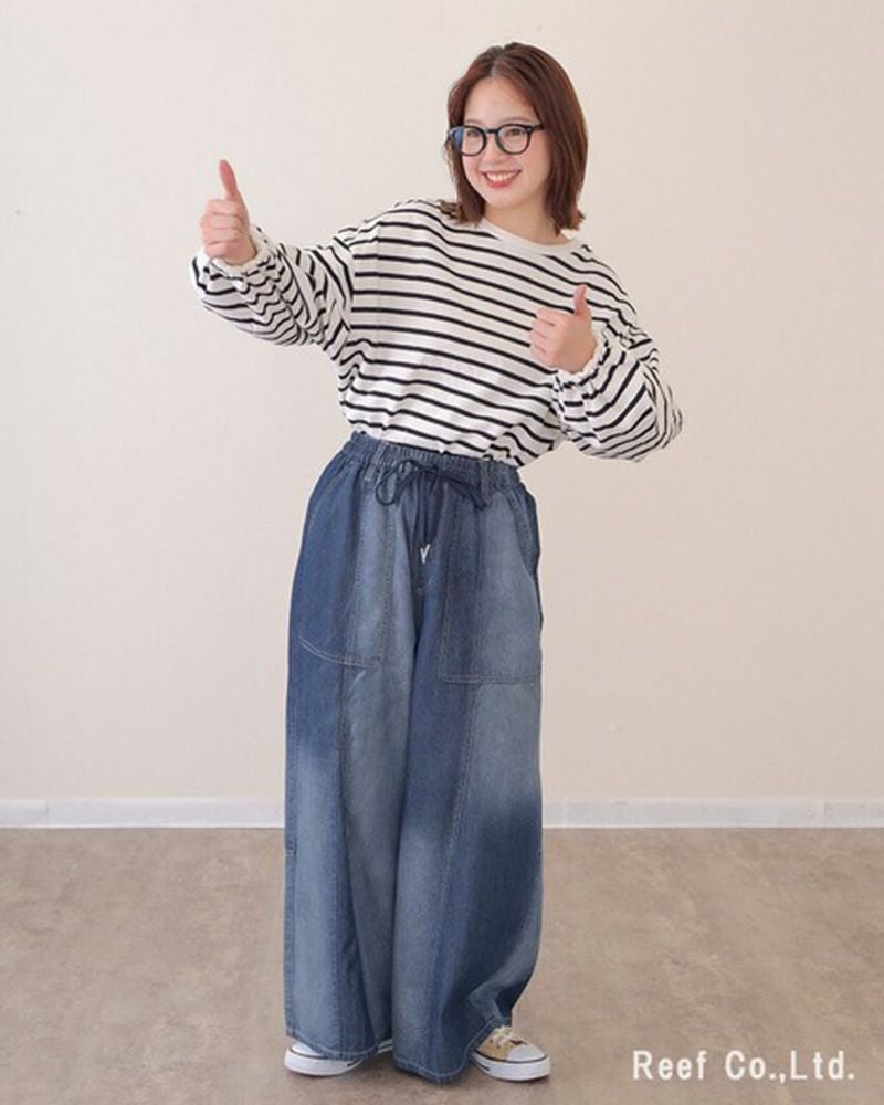 mililopiulu ミリロピュール グラデーションワイドデニムパンツ レディース デニム ワイドパンツ 総ゴム カジュアル