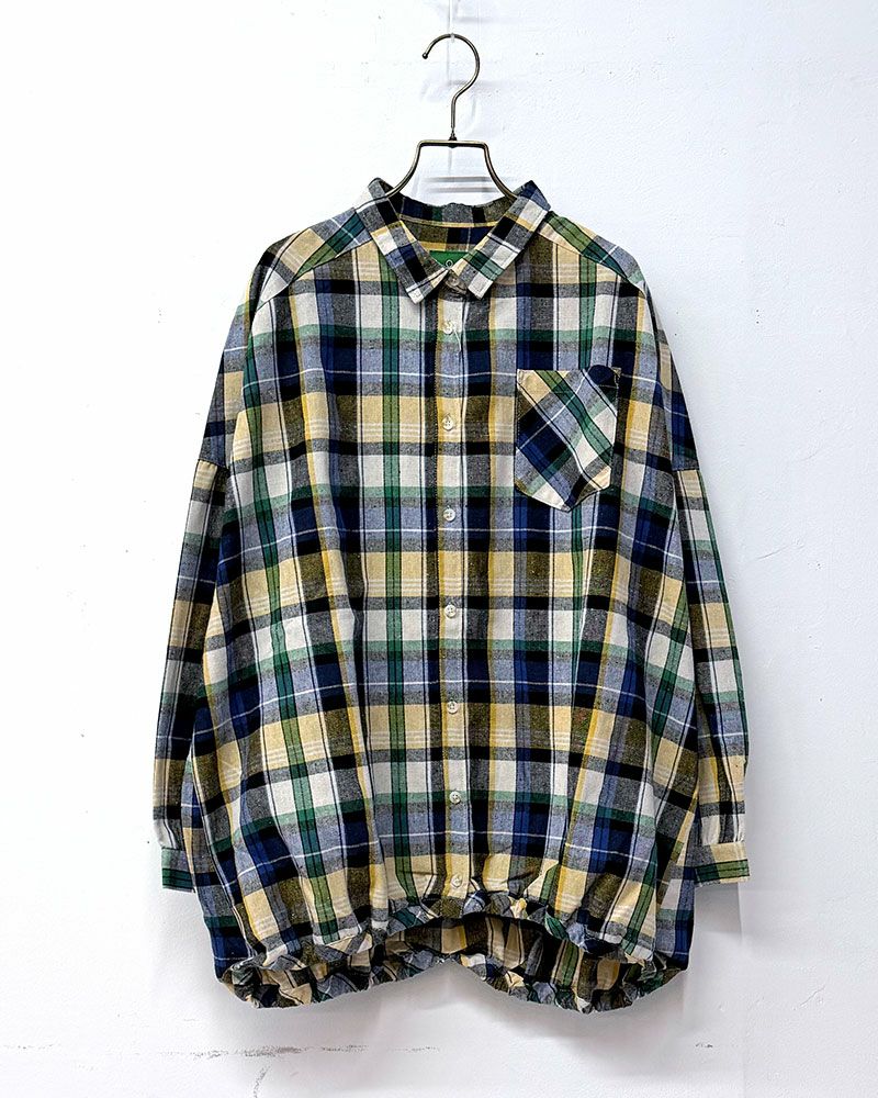 8Laboratory バルーンチェックシャツ 裾ゴム仕様 丸みのあるシルエット プルオーバー風デザイン 古着風チェック柄シャツ