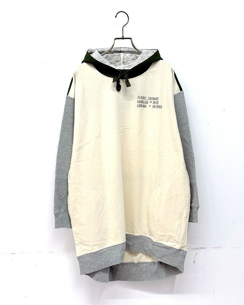 LIME.INC　ライムインク　クレイジーパターンフーディー　長袖　リメイク風デザイン　ピグメント加工　ヴィンテージ風　ビッグシルエット　ワイドパーカー　大人カジュアル