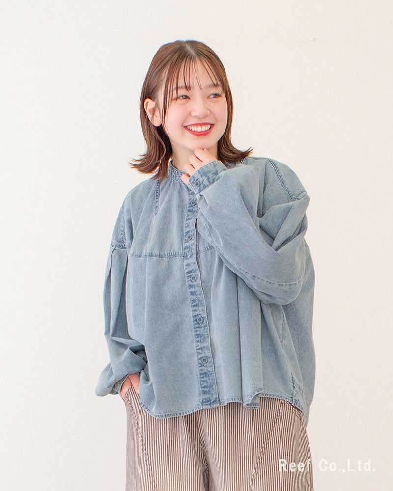 mililopiulu（ミリロピュール）3D デニムシャツ レディース 立体的な丸みシルエットのゆったりデニムシャツ オーバーサイズで羽織りとしても使えるカジュアルトップス