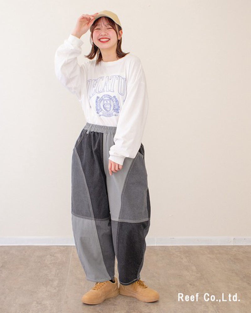mililopiulu 微配色ボールパンツ ミリロピュール 配色切替デニムボールパンツ 丸みのあるワイドシルエットで総ゴム仕様のユニセックスカジュアルパンツ