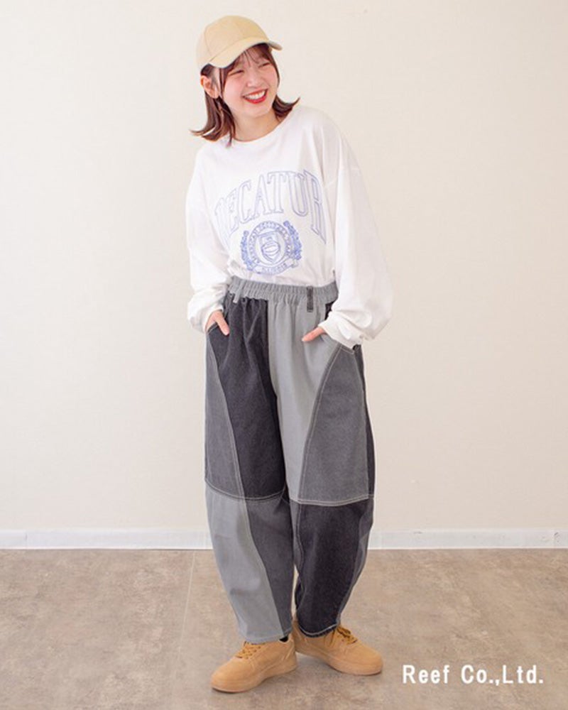 mililopiulu 微配色ボールパンツ ミリロピュール 配色切替デニムボールパンツ 丸みのあるワイドシルエットで総ゴム仕様のユニセックスカジュアルパンツ