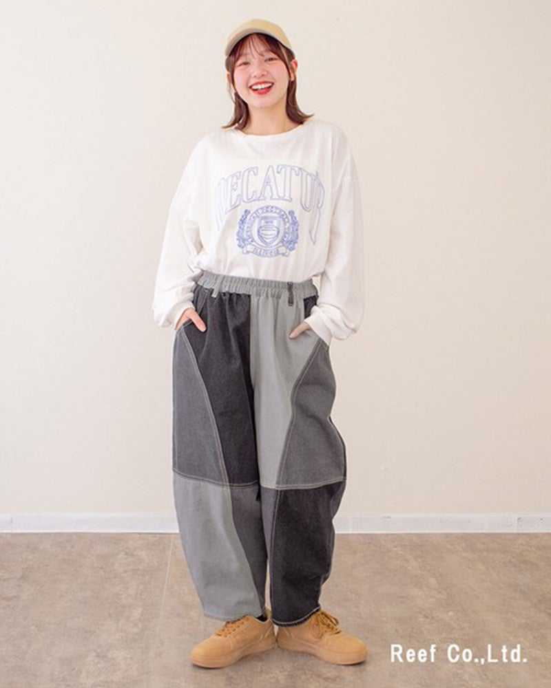 mililopiulu 微配色ボールパンツ ミリロピュール 配色切替デニムボールパンツ 丸みのあるワイドシルエットで総ゴム仕様のユニセックスカジュアルパンツ