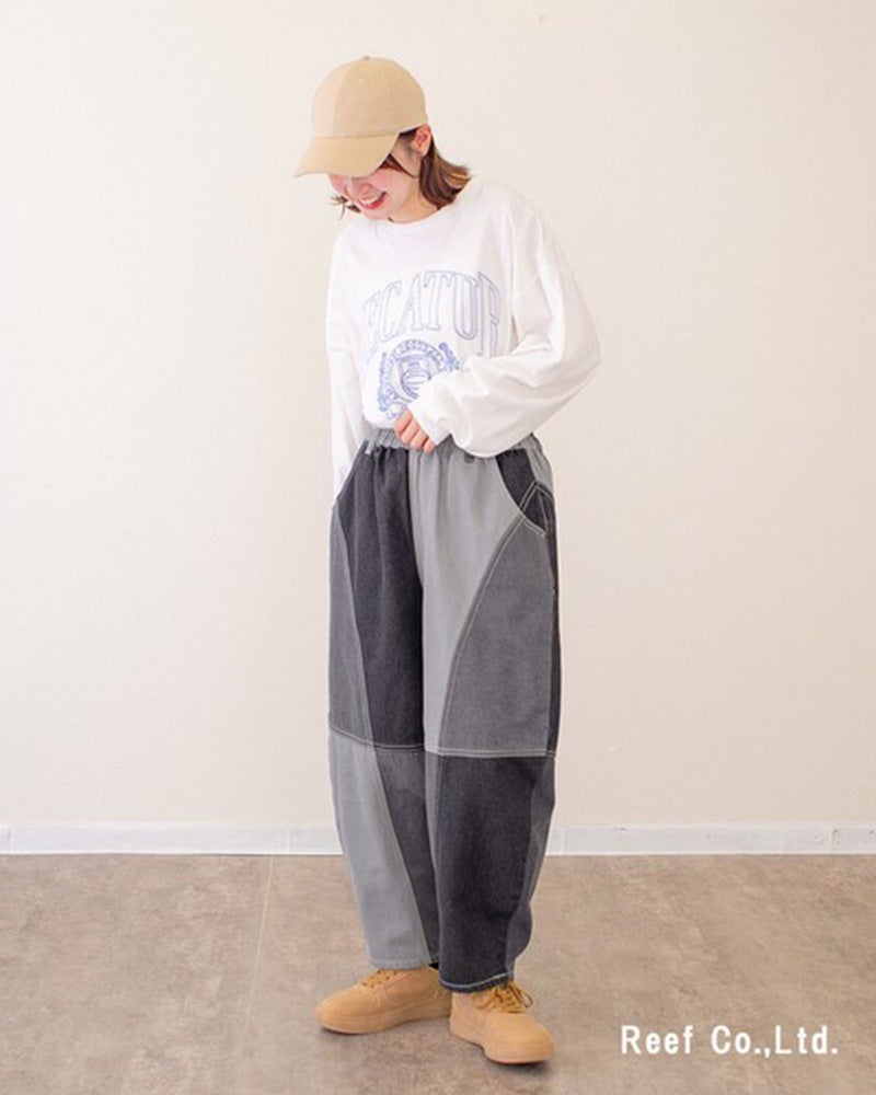 mililopiulu 微配色ボールパンツ ミリロピュール 配色切替デニムボールパンツ 丸みのあるワイドシルエットで総ゴム仕様のユニセックスカジュアルパンツ